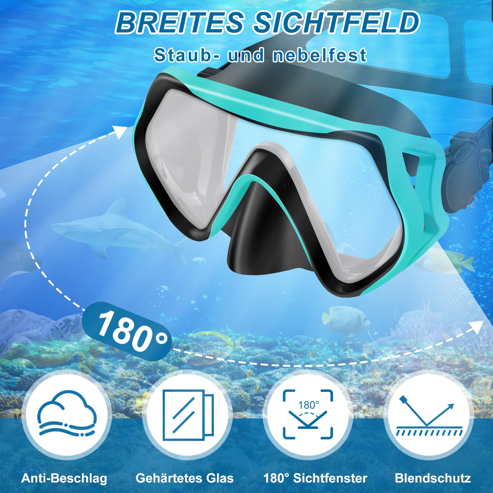 IEEILULU Schnorchelset Erwachsene mit Flossen, Schnorchelmaske Set mit Antibeschlag Taucherbrille,180° Panorama Glaslinse, Verstellbaren Flossen & Tragetasche für Schnorcheln Tauchen