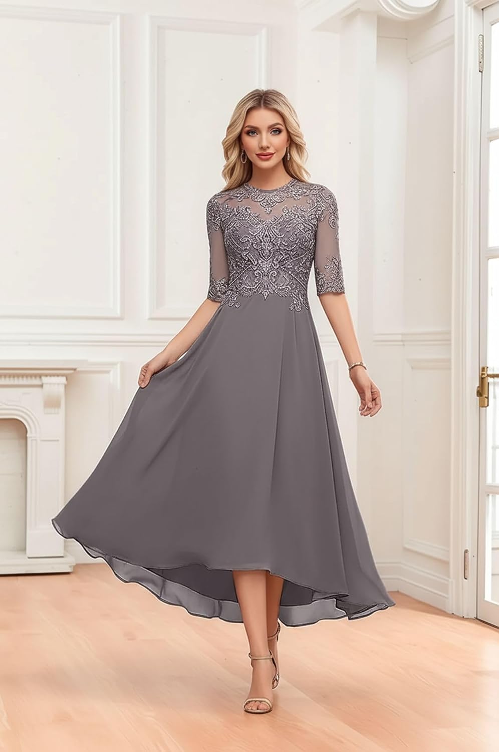 Lace Applique Tea Length Mother of The Bride Dress 3/4 Sleeves A line Chiffon Formal Evening Gowns for Women