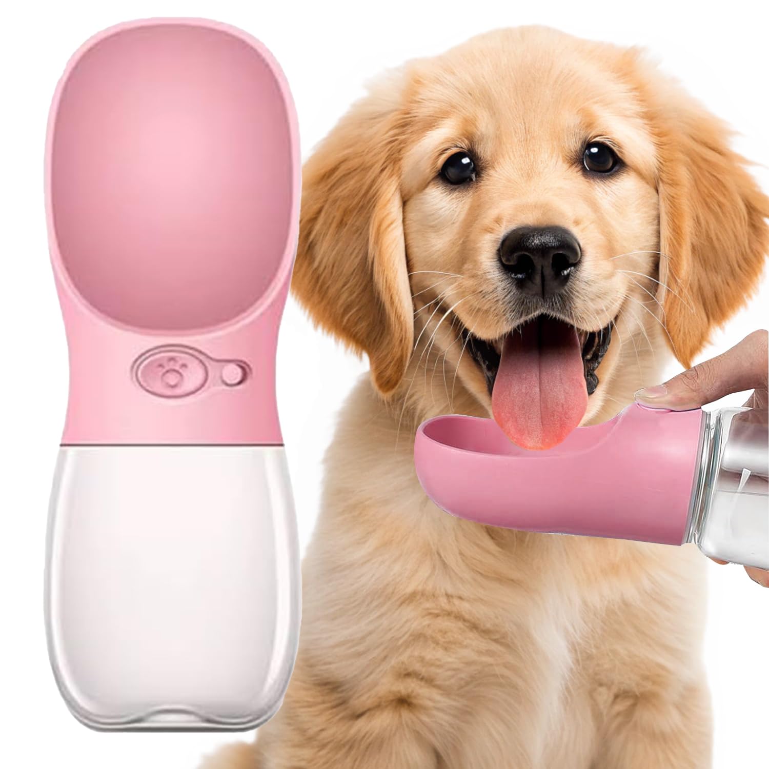 AHIZ Portable Dog Water Bottle 350ml, Leak-Resistant Pet Water Dispenser with Strap, One-Hand Use Travel Bottle for Dogs & Cats, Food-Grade Material, Outdoor Walking & Travel (Pink)