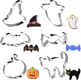 LEEFE Halloween Cookie Cutters Set, 6-Pices Stainless Steel Baking Shape Mold - Candy, Pumpkin, Bat, Ghost, Cat and Witch ...