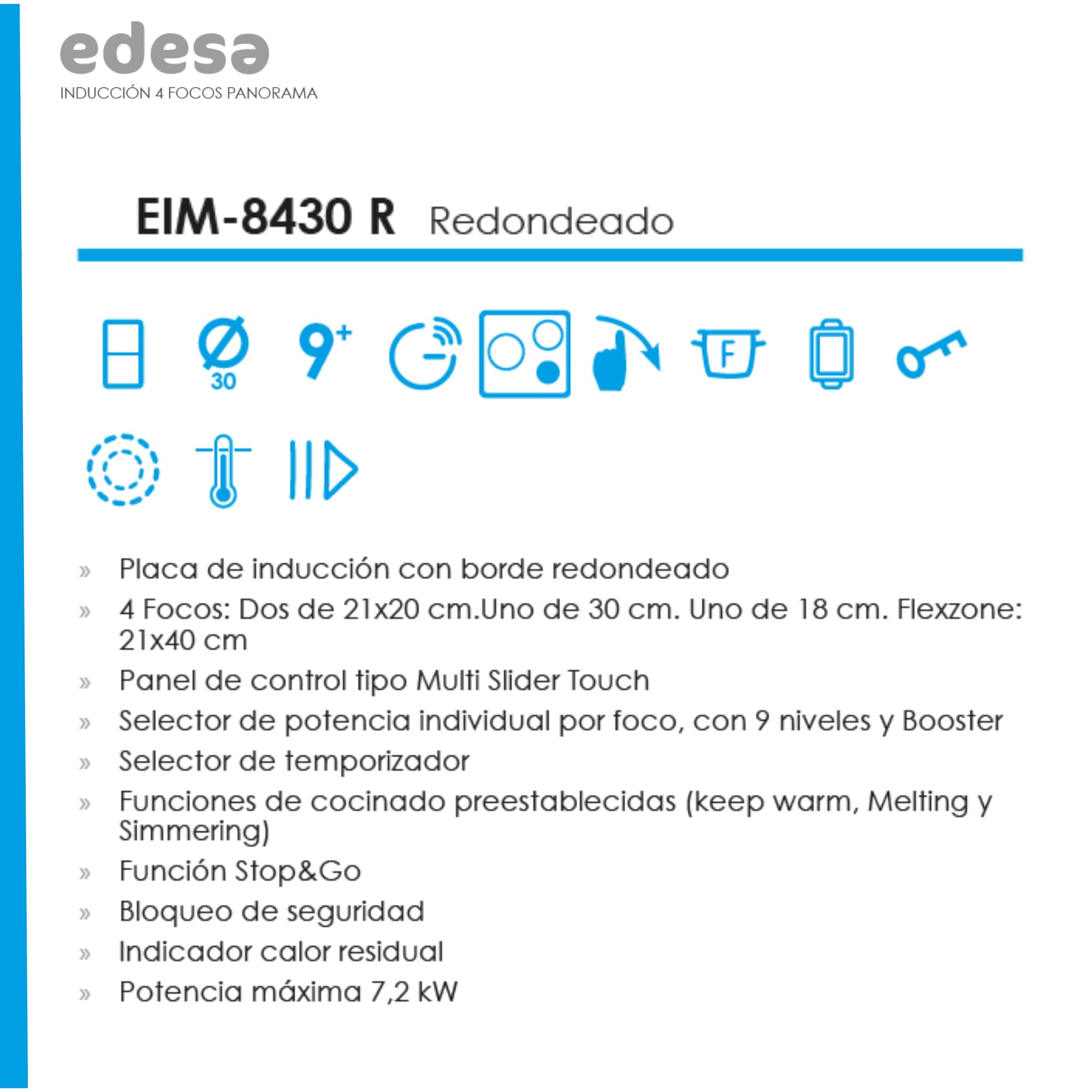 Placa de Inducción Edesa EIM-8430 R 85cm, Borde Redondeado, Panel Control Multi Slider Touch, 9 Niveles de Potencia, Booster, Bloqueo Seguridad, Gran Potencia 7,2 kW, Negro