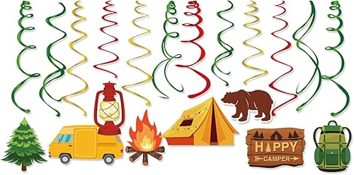 Miniatura 3 de 30 piezas de decoración colgante para fiesta de cumpleaños de campamento, remolinos colgantes Happer Camper, decoración de techo de aluminio,
