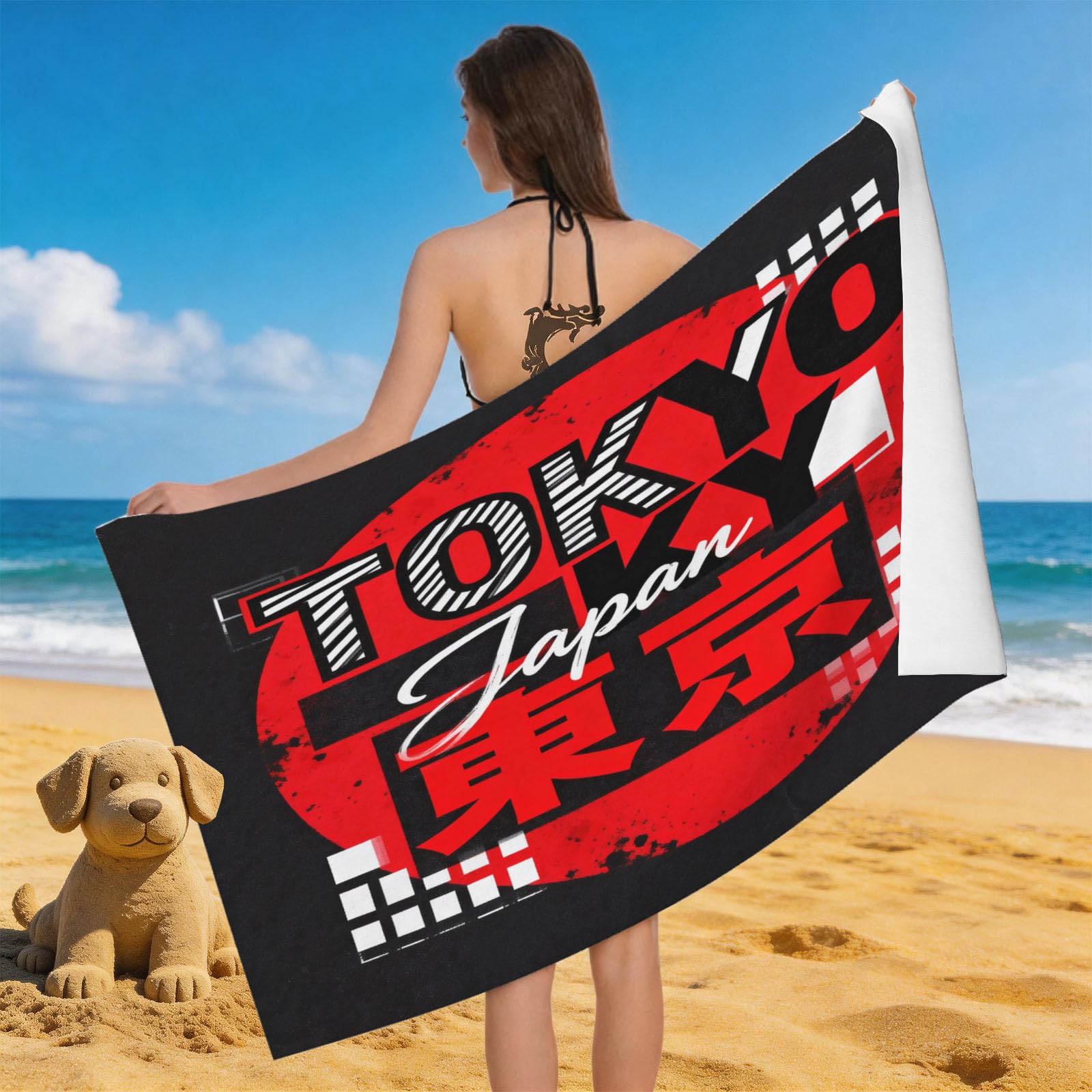 Leichong 3D Tokyo Beach Towel Extra Large Microfiber Soft Quick Dry for Adults, Japanese Traditional Bath Towel Lightweight Soft Absorbent for Travel Swimming Pool Sports, 100 x 200 cm