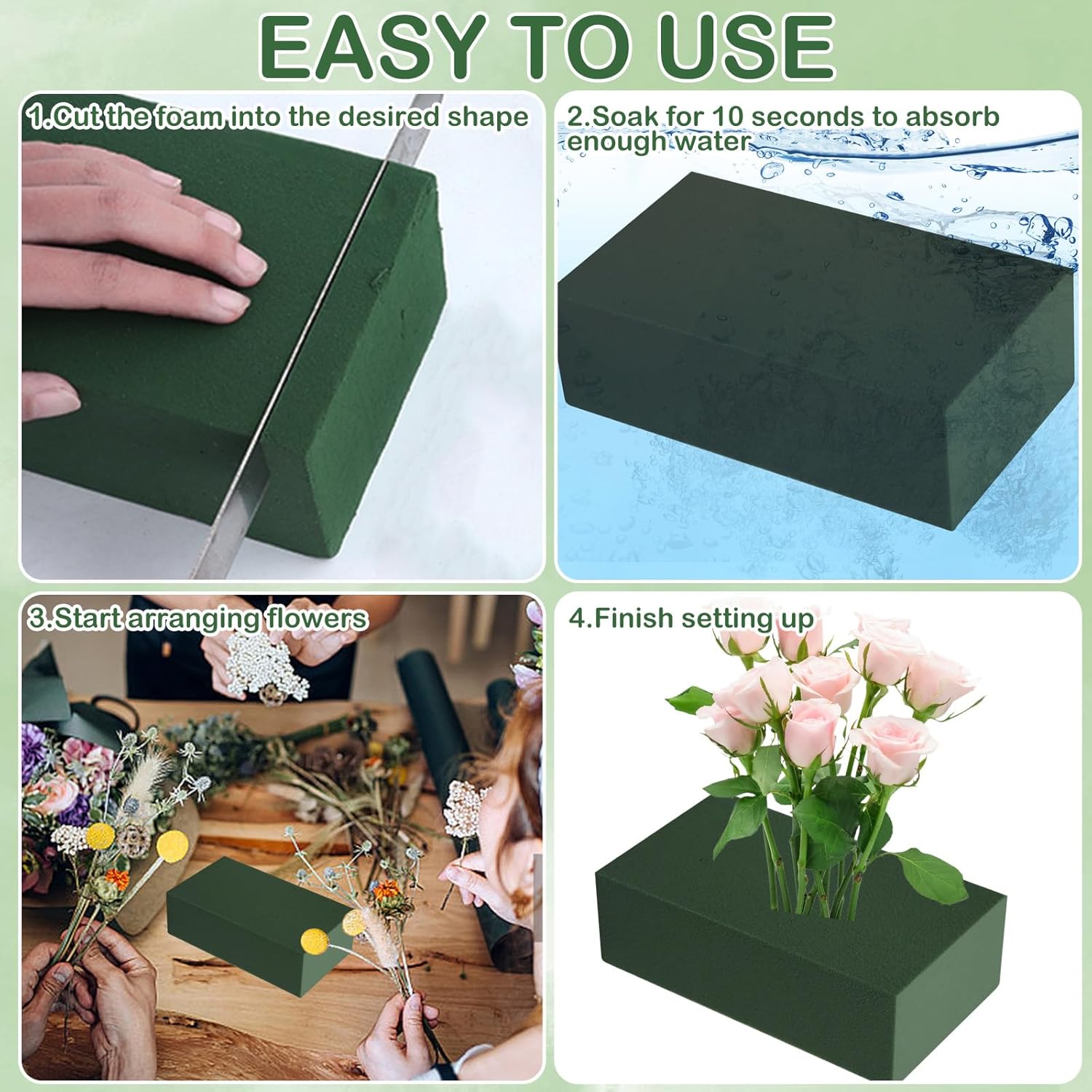 A four-panel image showing steps: cutting foam, soaking foam, arranging flowers, and a finished arrangement.