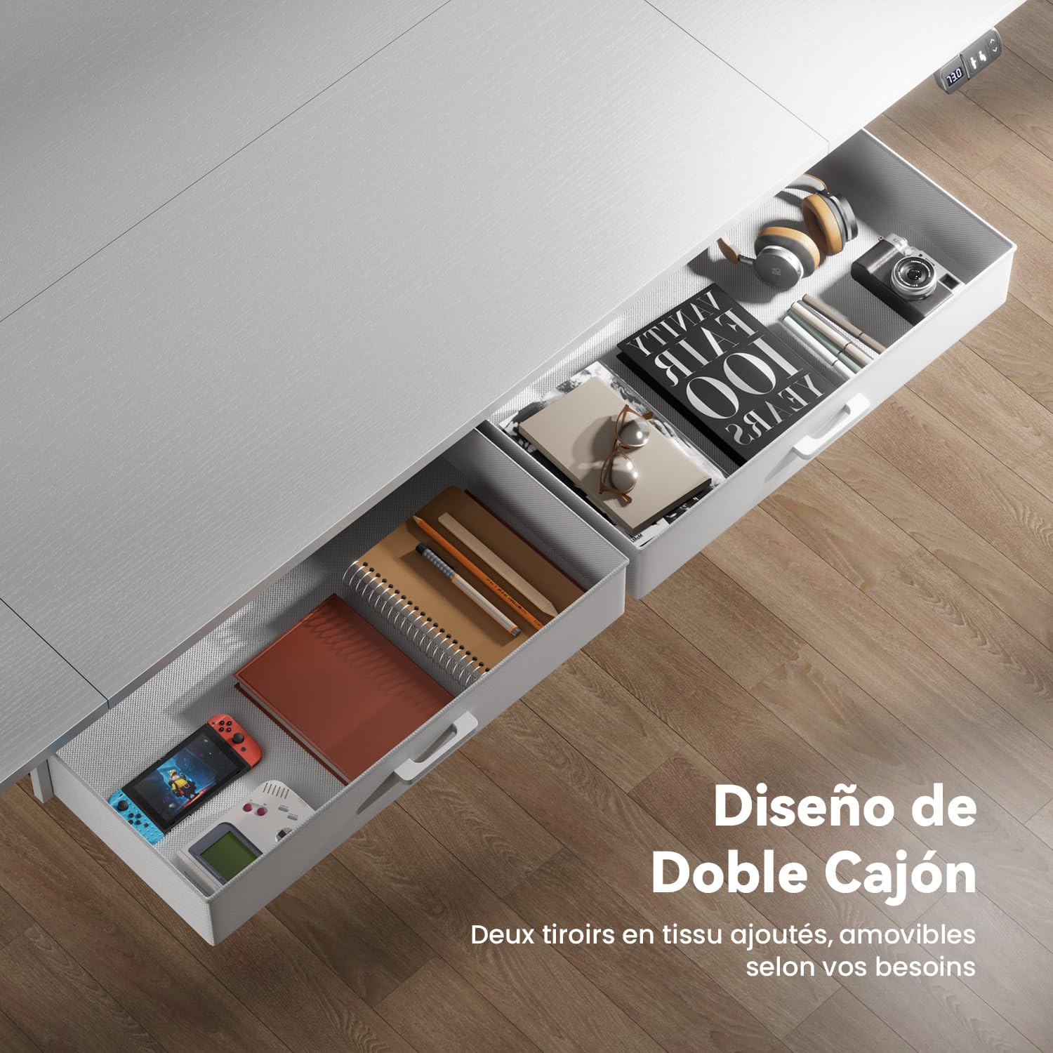 SOLAVERO Escritorio Elevable Electrico 200 x 80 cm, Mesa Escritorio Elevable con Enchufes & Puertos USB-C, Mesa Regulable en Altura con 2 Cajones de Tela, 2 Control Memoria, Standing Desk Blanco