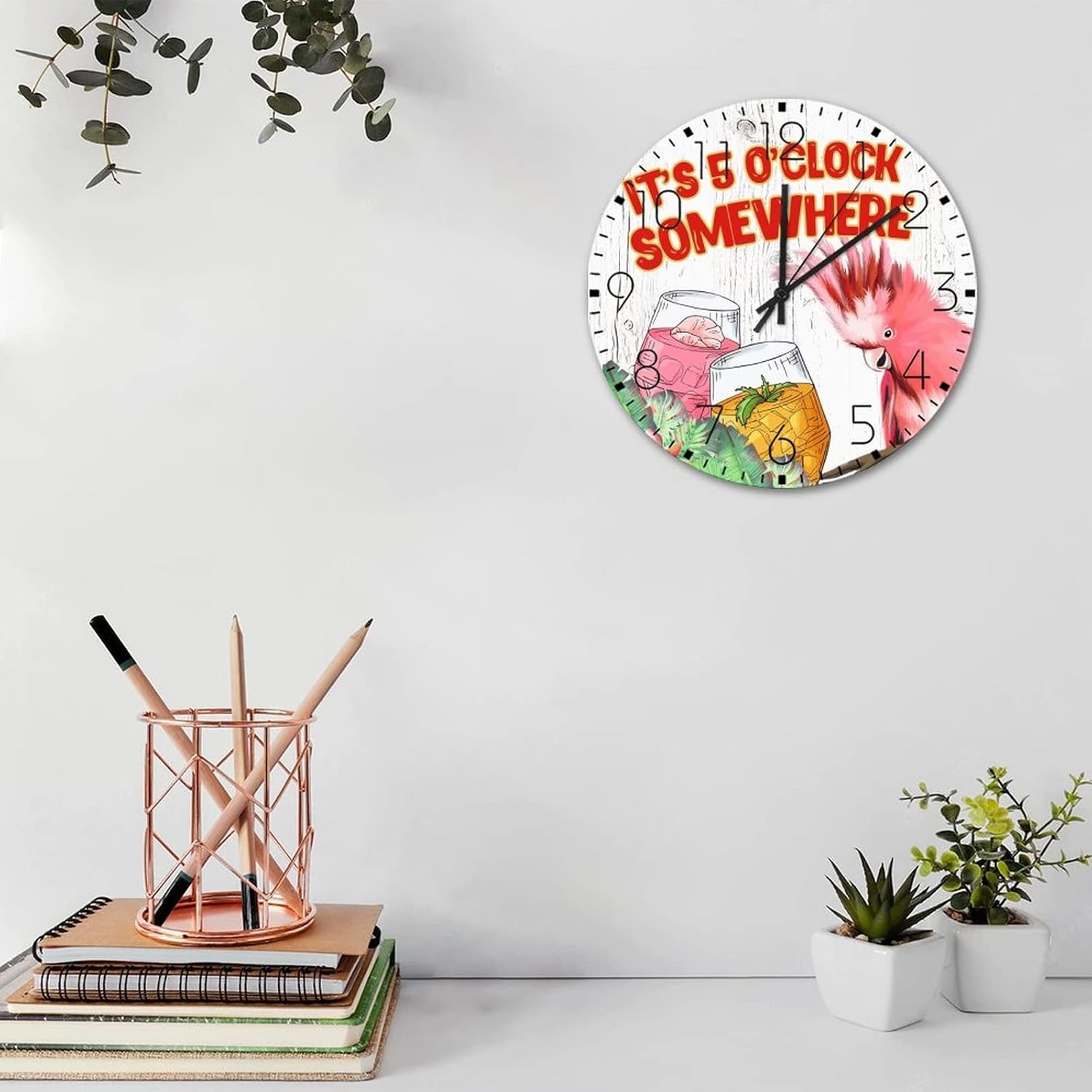 Wooden Wall Clock Battery Operated Non Ticking It's Five O'clock Somewhere Beautiful Wall Clocks Summer Tropical Luau Parrot Home Decor for Washroom Office Dining Room 10 Inch