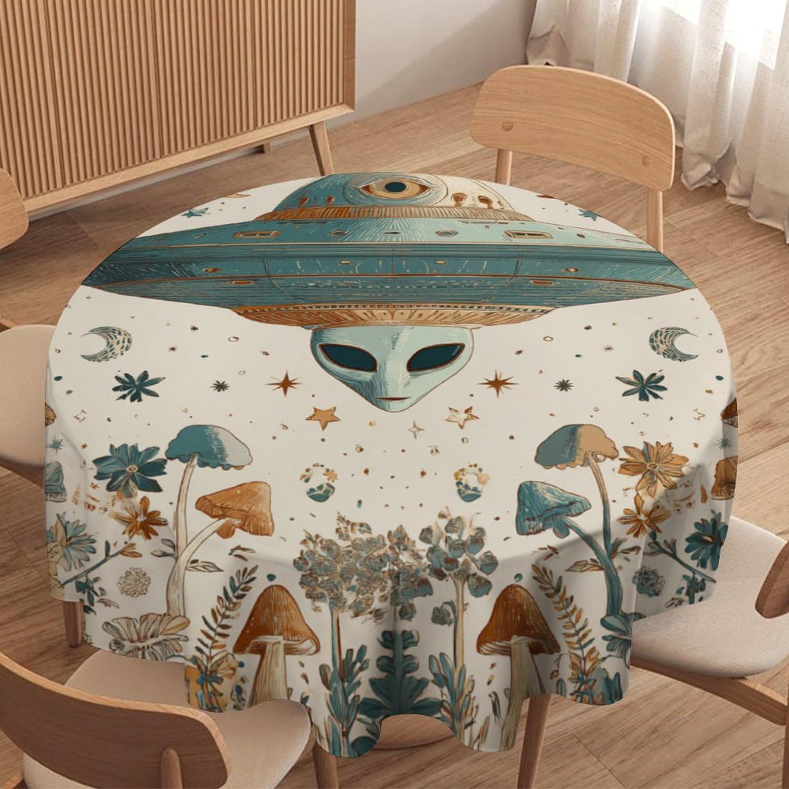 LUYYSKY Modern Cute Alien Spaceship Round Tablecloth Retro Rustic Moon Botanical Plants Mushroom Flowers Washable Decor for Table Cover for Kitchen-177.8" Wx177.8 L cm