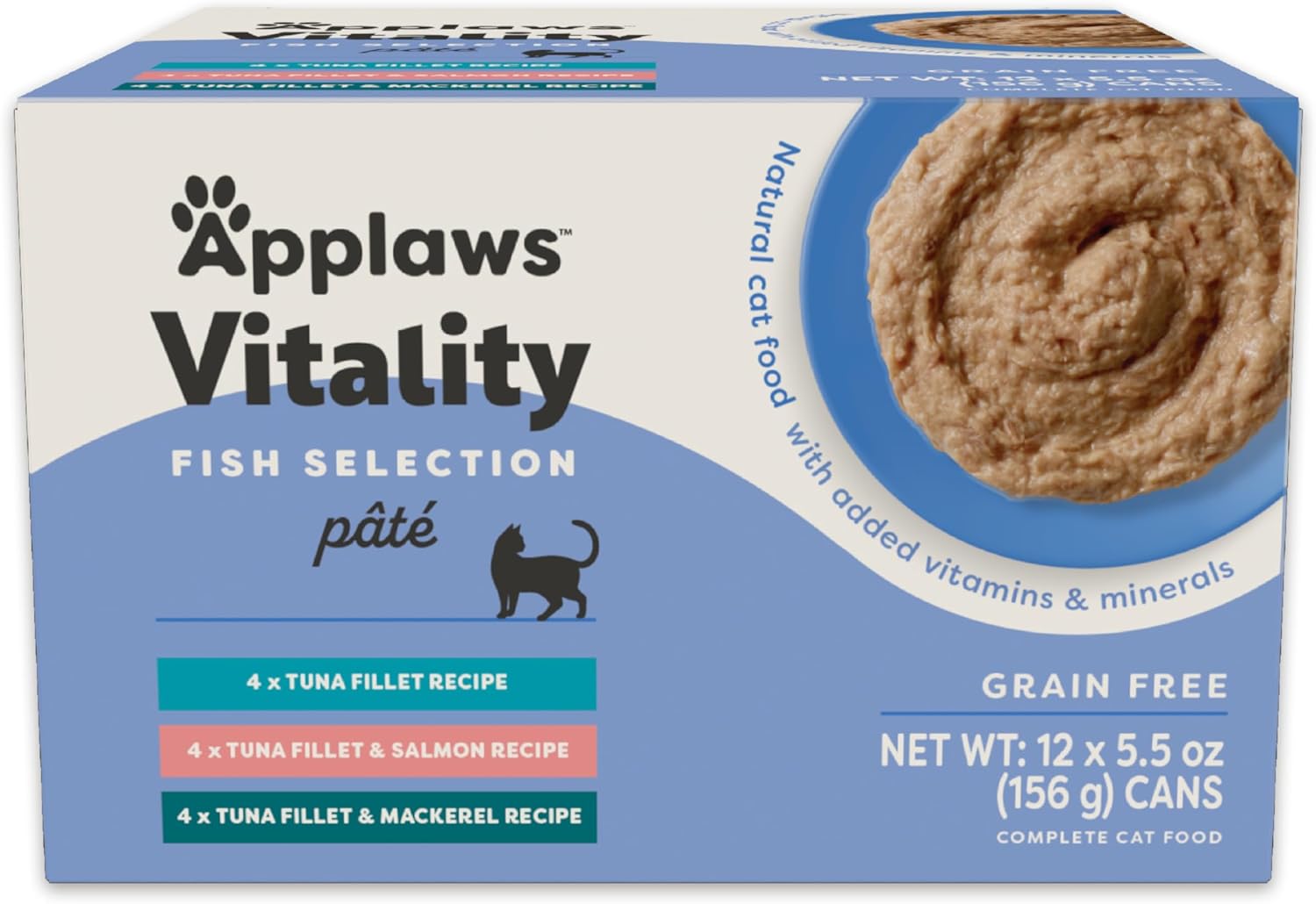 Applaws Vitality Wet Cat Food Paté, Natural Cat Food with Added Vitamins & Minerals, Grain-Free, Carrageenan Free, Fish Variety Selection (12 Count, 5.5 oz Cans)