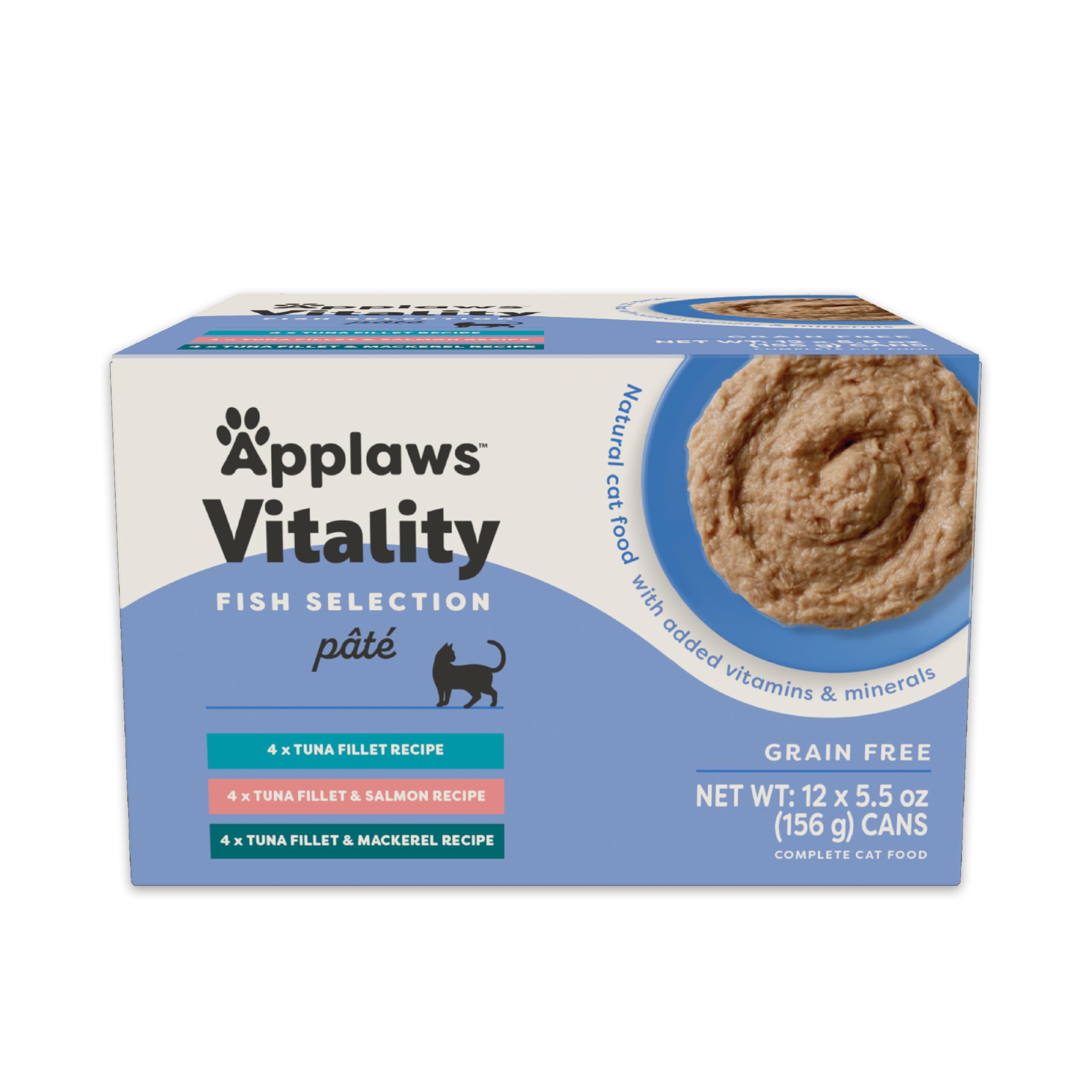 Applaws Vitality Wet Cat Food Paté, Natural Cat Food with Added Vitamins & Minerals, Grain-Free, Carrageenan Free, Fish Variety Selection (12 Count,