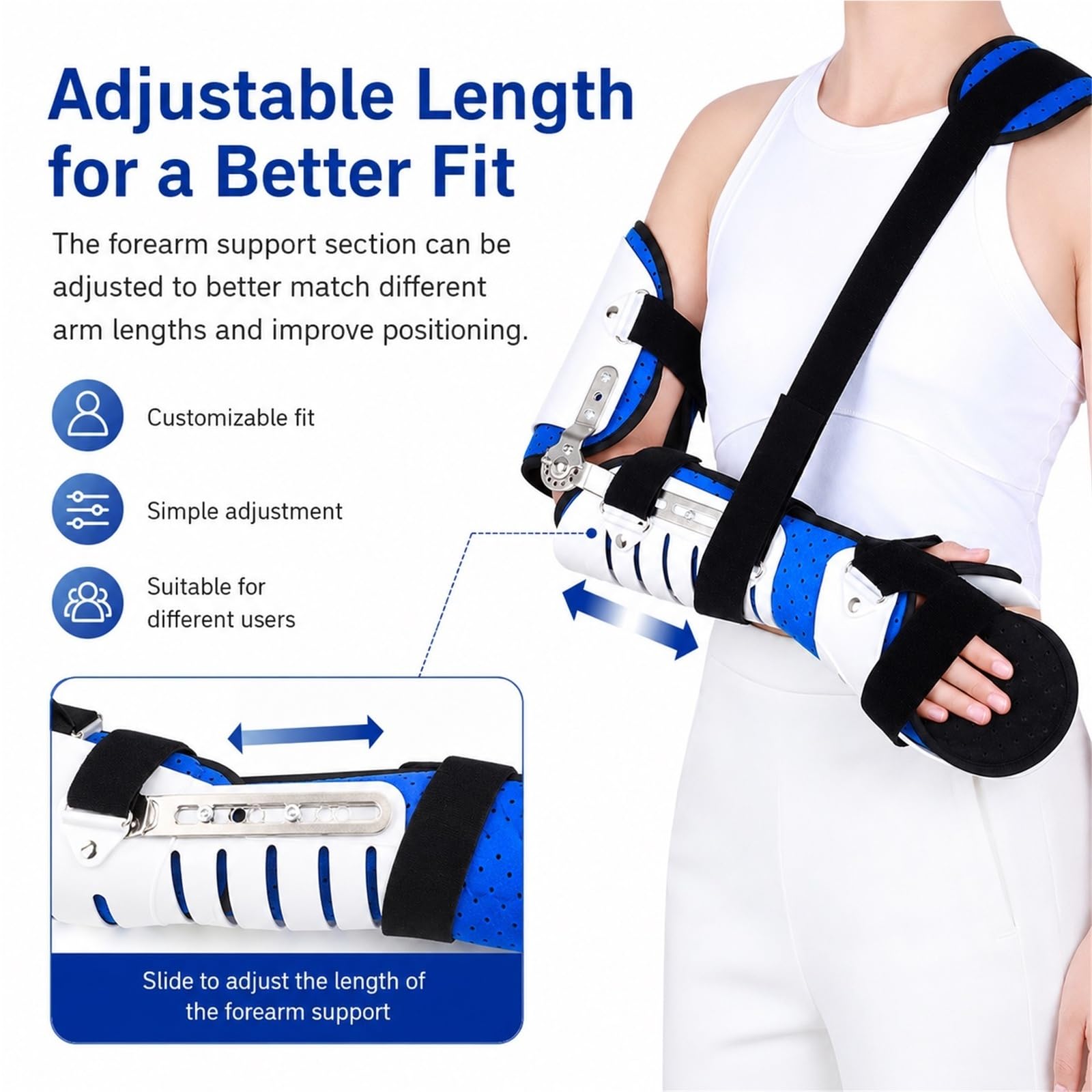 Cabestrillo Inmovilizador de Codo Ajustable con Bisagra ROM y Estabilizador de Hombro Ferula para Fracturas Recuperacion Postoperatoria Lesiones Ligamentos Adulto(Bien)