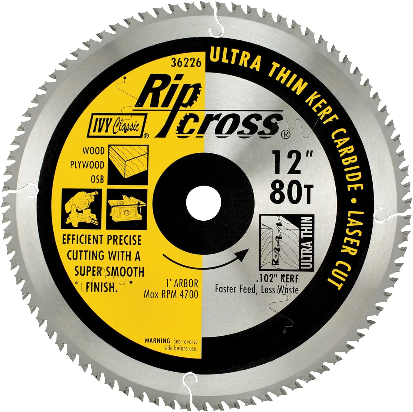 IVY Classic 36226 Ripcross 12" 80 Tooth Ultra Thin Kerf Carbide Circular Saw Blade with 1" Arbor, 1/Card