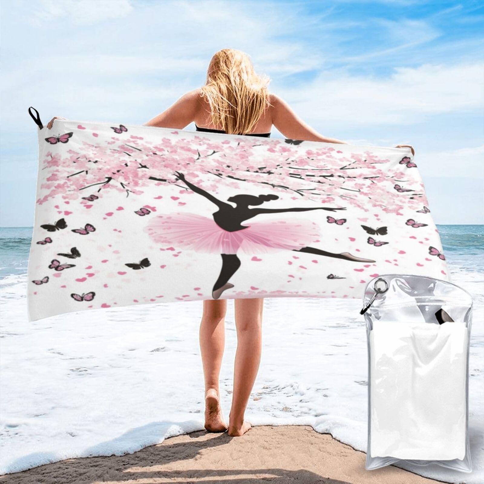 Anceky Silhouette Ballerina Under Cherry Tree Butterflies Quick Dry Microfiber Travel Towel with Carry Case and Carabiner 27.5"X55"