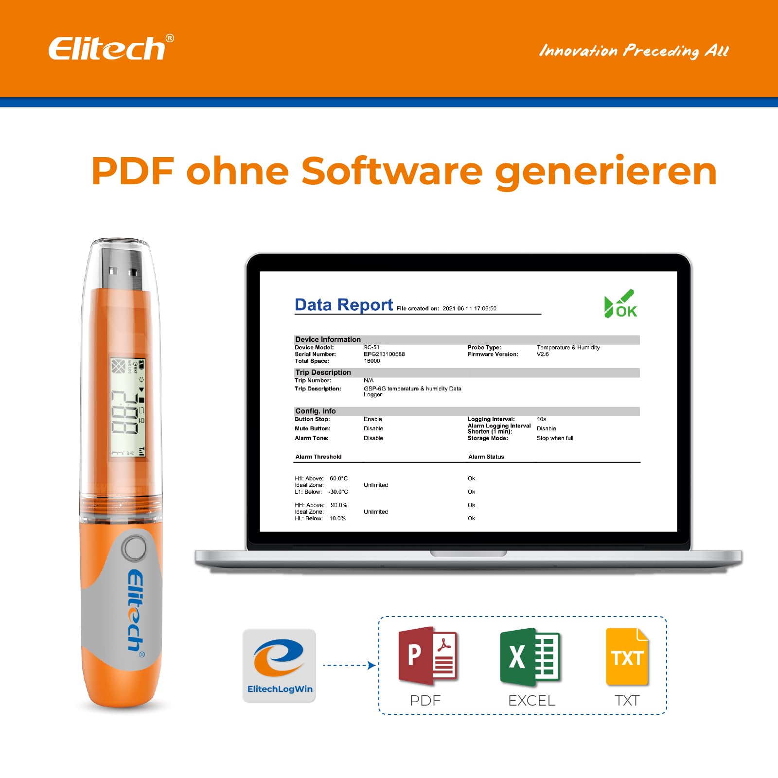 Registrador de datos de temperatura -Elitech Mini USB Temp Grabador de temperatura Sensor externo interno en laboratorio, invernadero o en casa RC-51 50pack