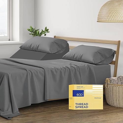 Vista 278 de THREAD SPREAD Hotel Collection - Juego de sábanas de 600 hilos de algodón egipcio, satinado, 4 piezas, Blanco, King