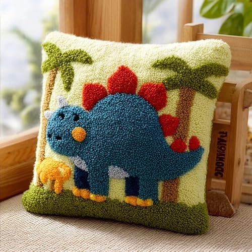 WallustrioaW DIY Latch Hook Pillow Kit,Cartoon Dinosaur Pillowcase Kits Embroidery Kits 17X17 Inch DIY Needlework Pillow Cover Sofa Cushion Rug Making