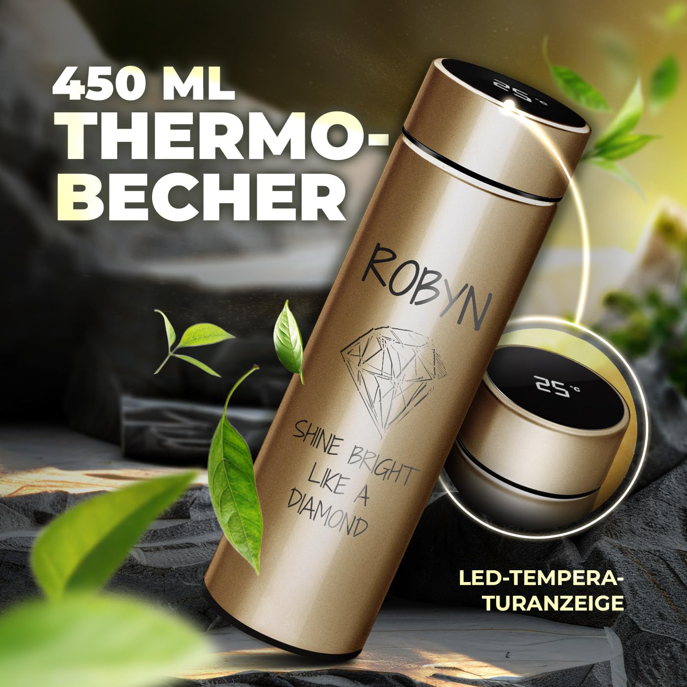 Maverton Kaffee-Thermobecher 450 Ml Mit Gravur – Edelstahl, LED-Temperaturanzeige, Auslaufsicher