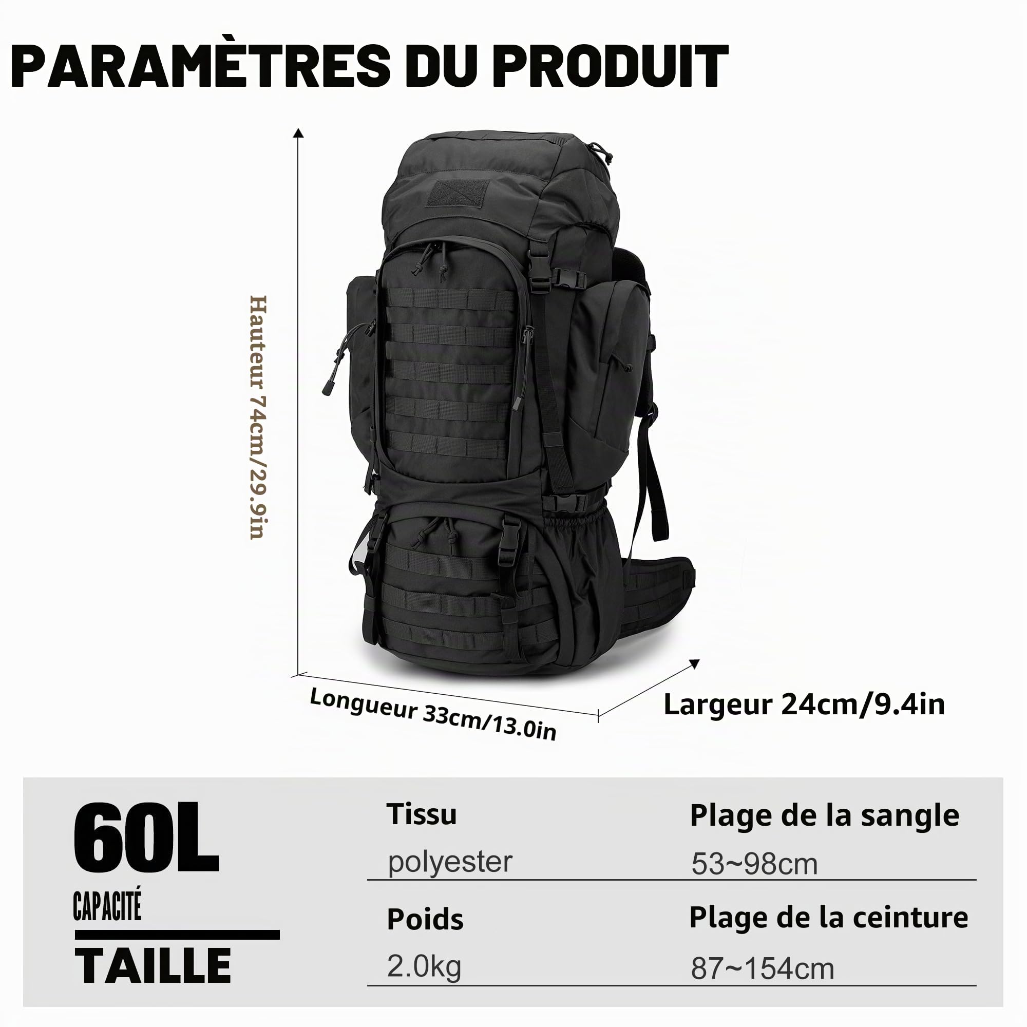 Mardingtop 60L Sac à dos tactique avec housse de pluie Grand sac à dos de trekking Extensible pour randonnée camping