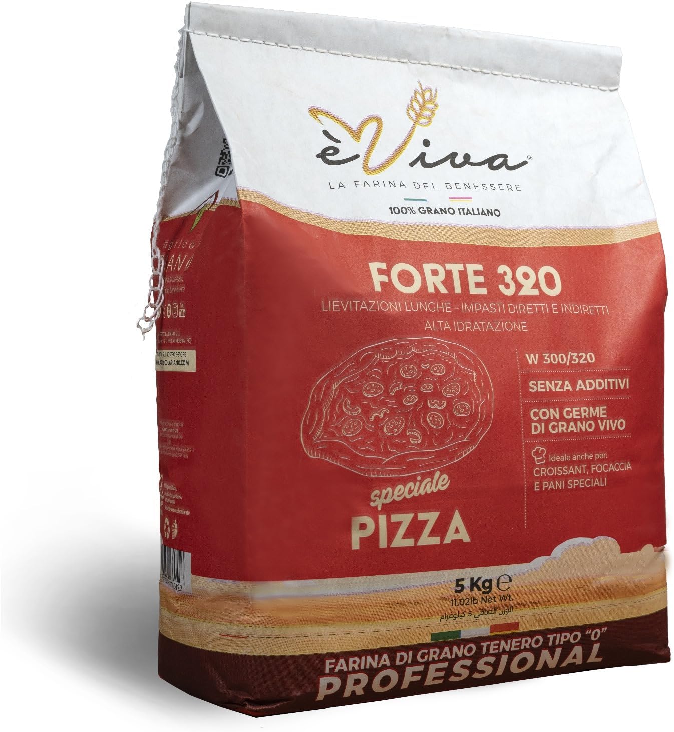 Agricola Piano – Forte 320 | Soft Wheat Flour Type 0, 5 kg, 100% Italian, For Contemporary Pizza, Without Additives, With Live Wheat Germ - High Hydration - èViva