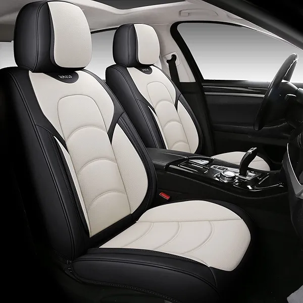 NS YOLO Full Coverage Car Seat Covers Universal Fit for Cars SUVs Pick-up Trucks with Waterproof Leatherette in Automotive Vehicle Interior Accessories (Black and White, Front Pair)