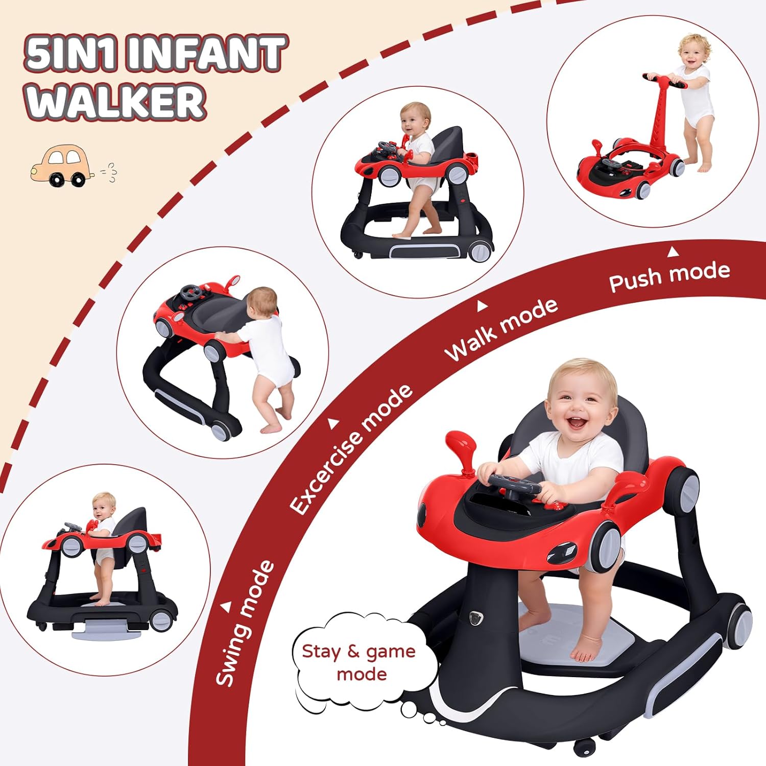 Baby Walker with Wheels, 5-in-1 Foldable Infant Toddler Walker for Boys Girls 6-18 Month, Music Walker for Baby with Car Steering Wheel &Removable Footrest,Baby Push Walker in Red and Black - Image 3