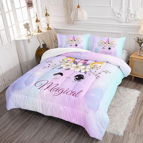 Miniatura 3 de Datura home Lindo juego de edredón de unicornio para niñas y mujeres, juego de ropa de cama con estampado de unicornio Kawaii degradado morado y