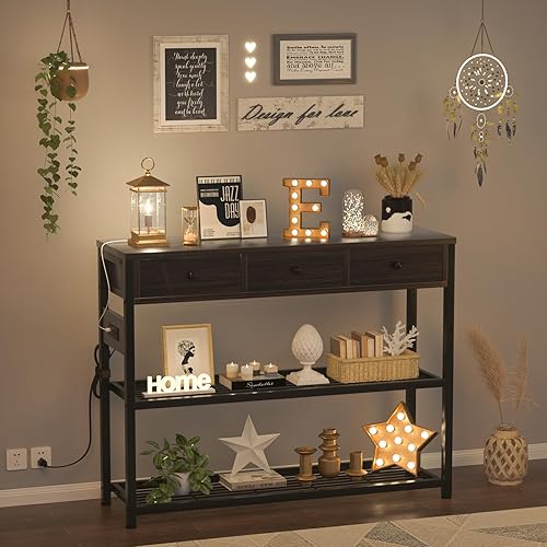 Miniatura 58 de Ecoprsio Mesa de entrada de 47 pulgadas con salidas y puertos USB, mesa consola con 3 cajones, mesa de sofá estrecha larga con estantes de Marrón