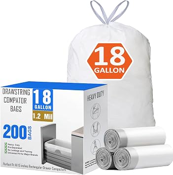 18 Gallon Drawstring Compactor Kitchen Trash Bags 200 Count Heavy Duty Garbage Bags Fit for 18 Gallon & Most Kitchen Compactors Compatible with Kitchenaid, Whirpool, GE 15 Inch Compactors