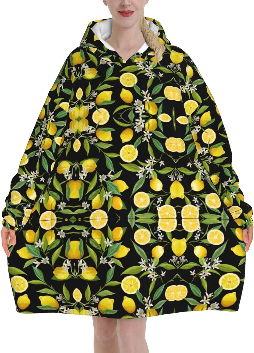 MUSM Yellow Lemon Print Blanket Hoodie Fleece Sweatshirt Blanket With Sleeves And Pockets