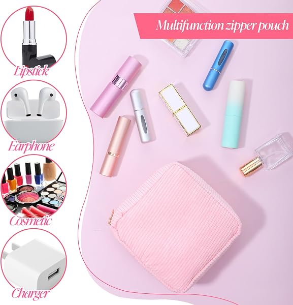 Small Corduroy Makeup Bag for Women with Compartments Metal Zipper Makeup Organizer for Women Girls, Pink, Classic - 2