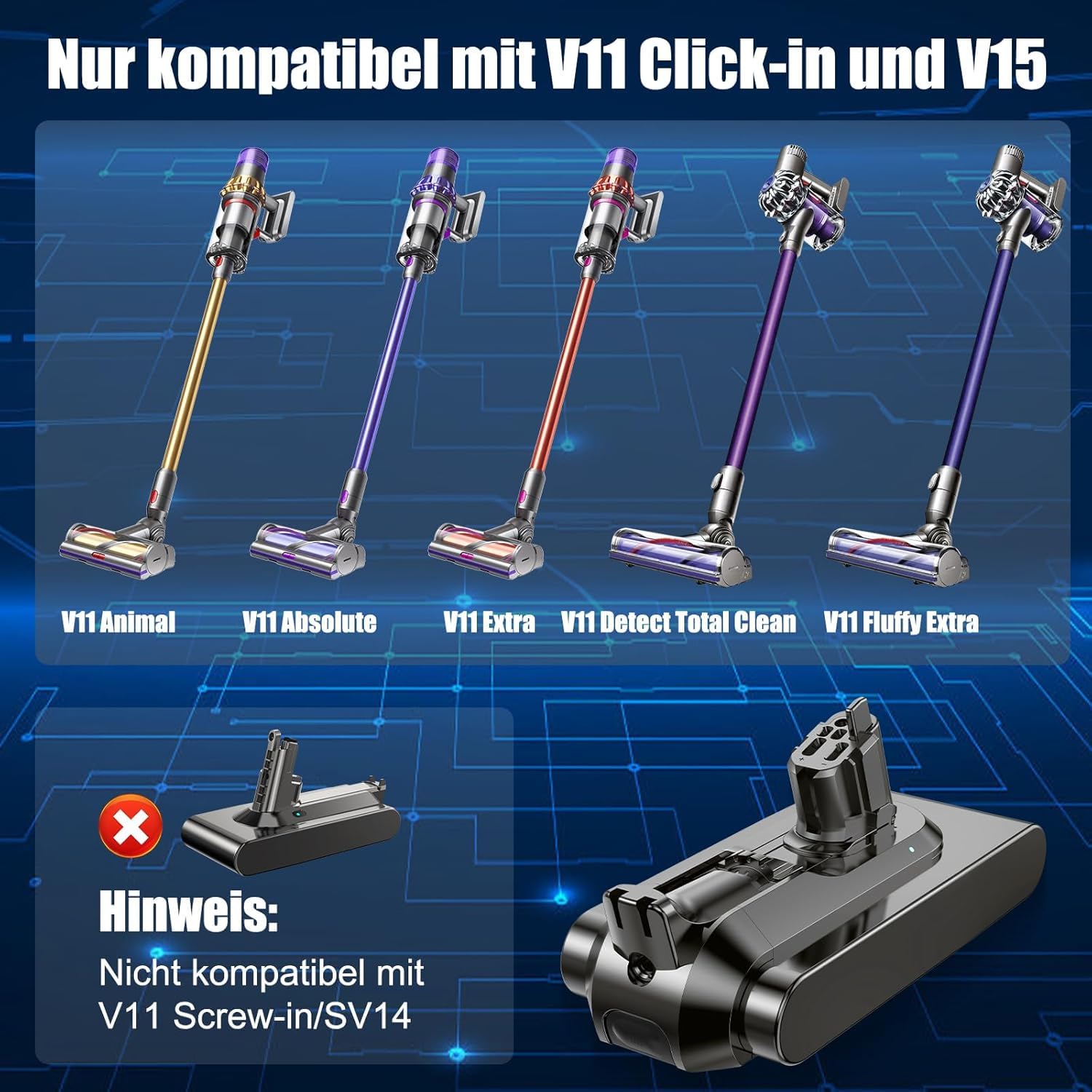 V11 Akku für Dyson V11, V15 Akku Kompatibel mit V11C(Knopftyp) V15 SV15 SV16 SV22 SV28 Staubsauger (Nicht für V11Schraubtyp)