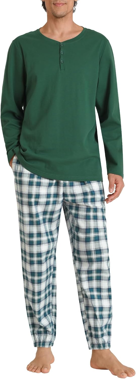 Latuza Men's Cotton Pajama Set Long Sleeve Henley Top Flannel Pants with Pockets
