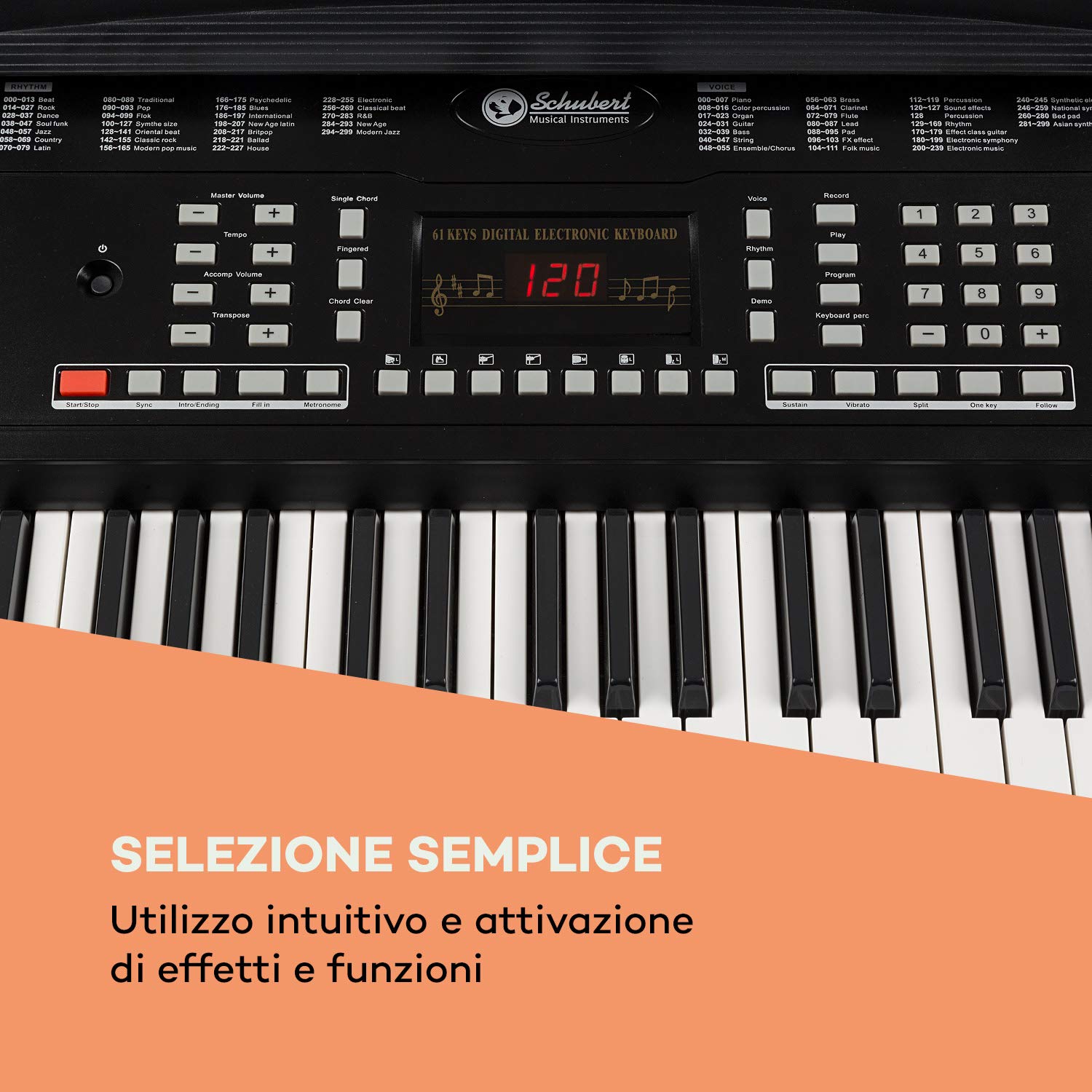 Schubert Etude 61 MK II Digital Keyboard - Tasten-Keyboard, 61 Tasten, Klavier, E-piano, Lern- und Aufnahmefunktion, 50 Demo-Songs, 300 Klänge/Rhythmen, Netz- und Batteriebetrieb, schwarz