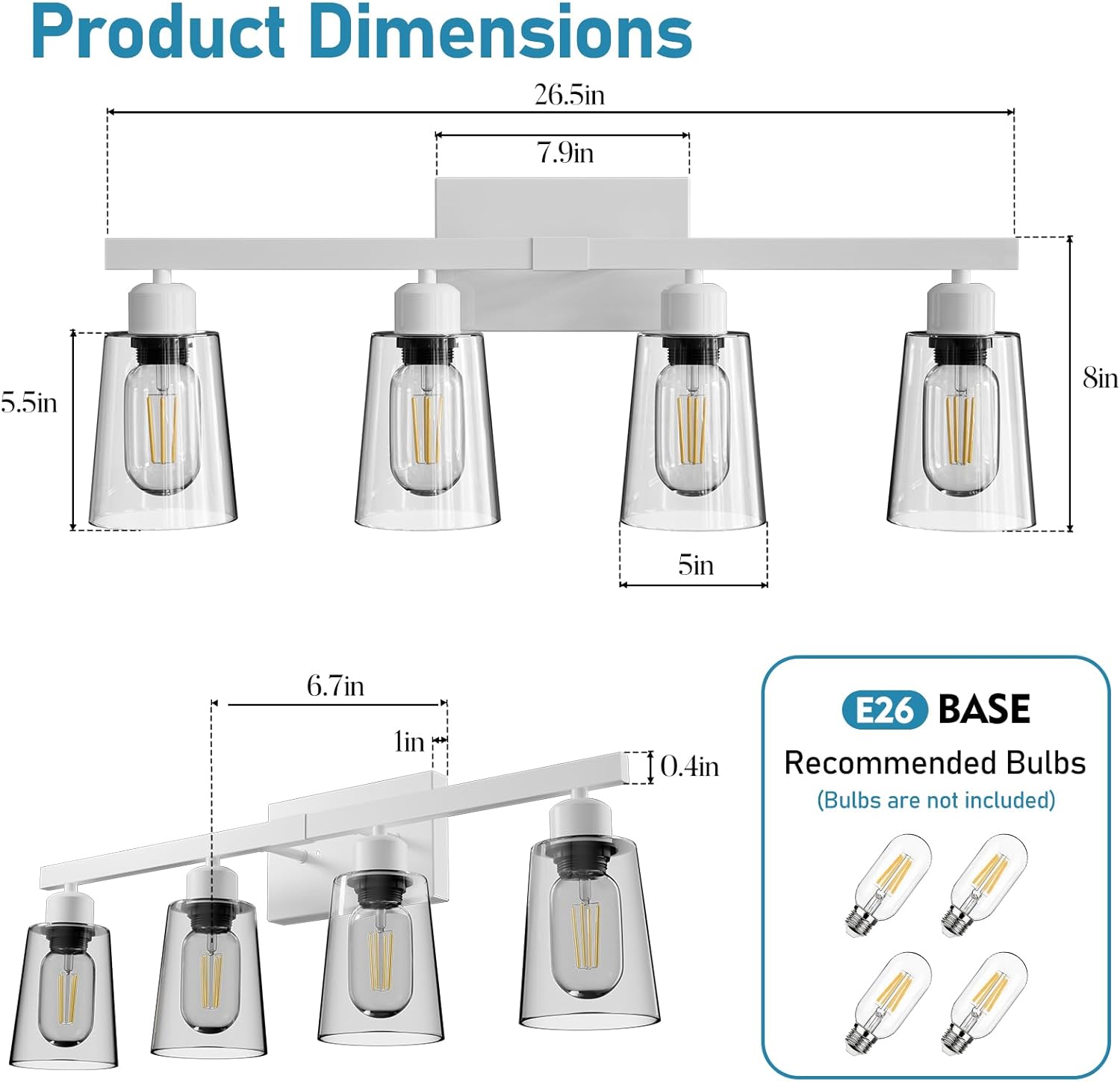 Lightdot 4 Light Bathroom Vanity Light, 26.5" White Bathroom Light Fixtures with Clear Glass Waterproof Shades, Rust-Proof Modern Vanity Lights Over Mirror for Kitchen Hallway Cabinet Porch