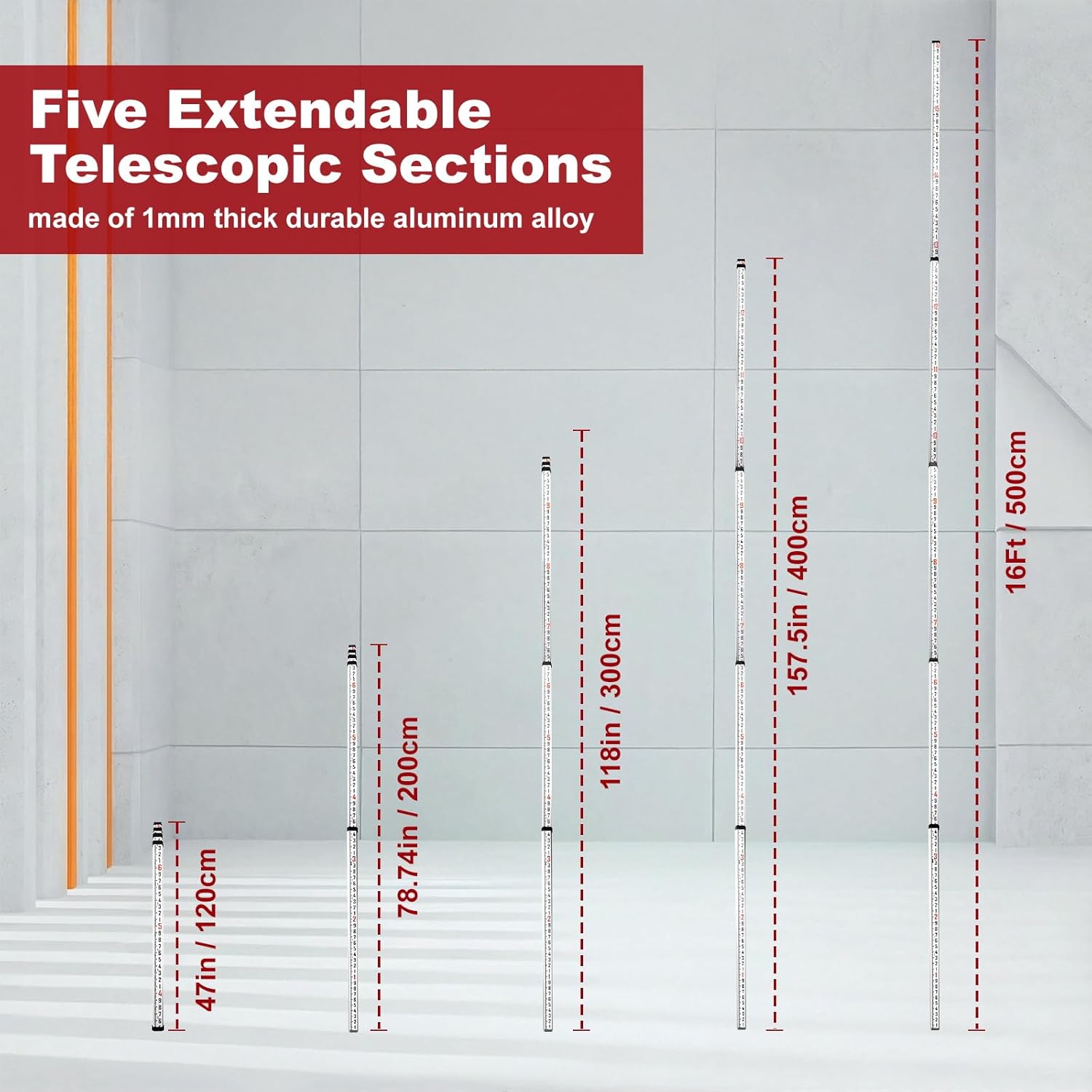 16 FT Sided Aluminum Grade Rod, 5 Sections Telescopic Measuring Rod, Double-Sided Scale Grade Stick, 10ths Grade Rod Telescopic Rectangular Leveling Rod with Bubble Level and Lock Button