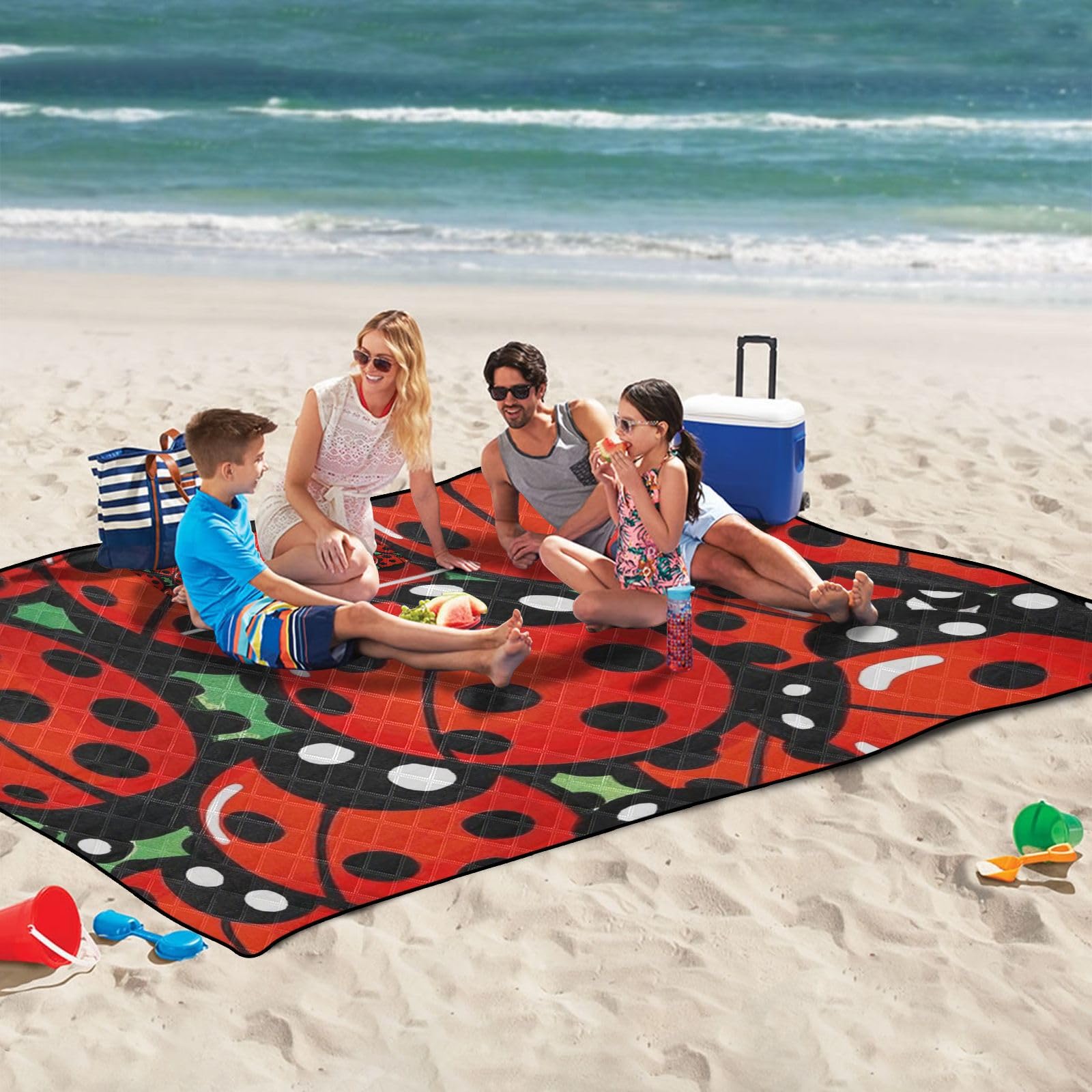 Simpatico cartone animato insetto distintivo rosso impermeabile picnic coperte per all'aperto resistente alla sabbia campeggio partito pieghevole coperta da picnic per adulti coppie regalo