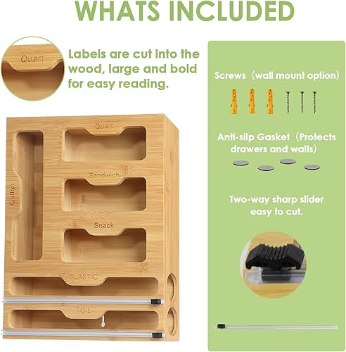 Miniatura 3 de Organizador de papel de aluminio y plástico 6 en 1 para cajón de cocina, dispensador de envoltura de plástico con cortador, papel de bambú y