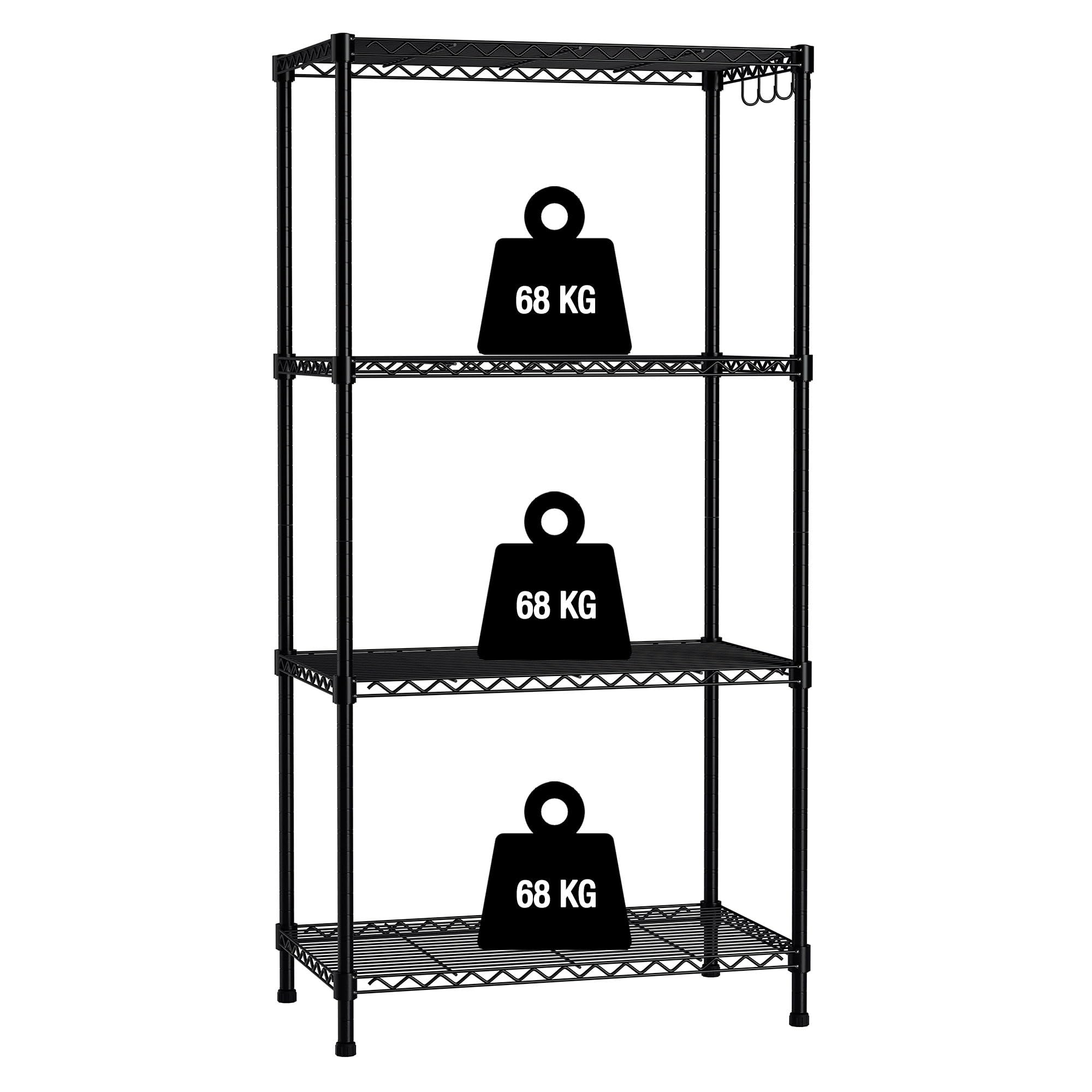 WORKPRO 4-Tier Metal Shelving Unit with 4 Hooks, Height Adjustable Storage Unit with Leveling Feet, Free-Standing Shelf Unit, 272 kg Max Weight, For Kitchen, Bathroom, Living Room, Garage, Pantry