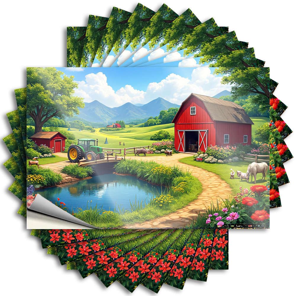 Lettering Sticker High, Items Bottle A Picturesque Farm Scene with A Red Barn, Green Tractor, and Colorful Flowers | Farmhouse(12X18CM)