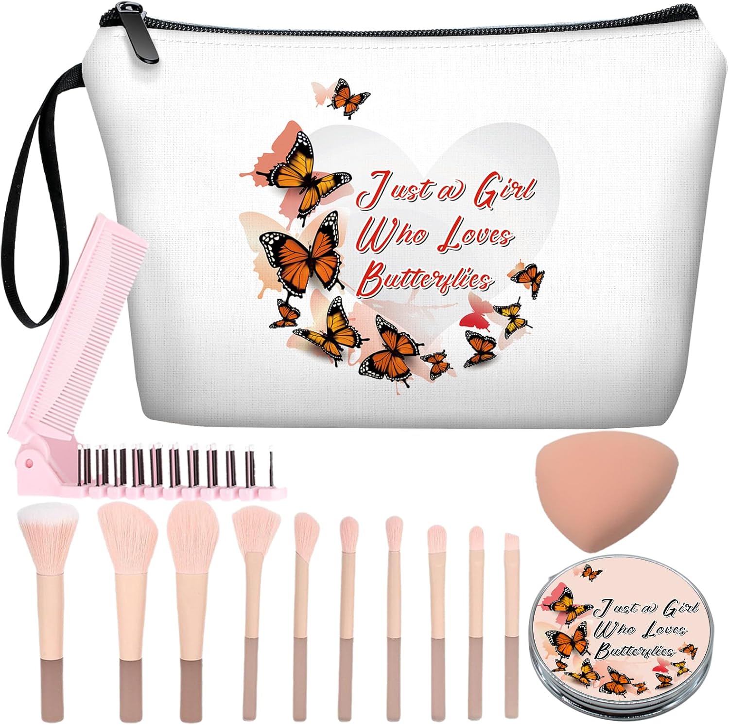 Personalized butterfly love heart Makeup Bag set with Mirror for Women, white Butterfly travel Cosmetic bag kit for Bride Bridesmaid with pink brush set,Butterflies Gifts for Women Mom femal Friends