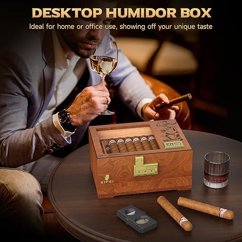 Miniatura 6 de XIFEI Caja de humidor de puros, caja de cigarros de escritorio de madera de cedro con higrómetro digital, humidificador, divisor, cajón de