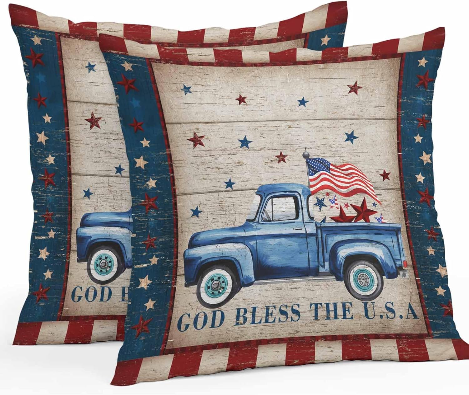 Patriotic Outdoor Waterproof Throw Pillow Cover Independence Day Blue Truck USA Flag Stars Decorative Pillows Cushion Covers Retro Wood Grain 2 Pack Pillow Cases for Patio Garden Balcony 20x20In