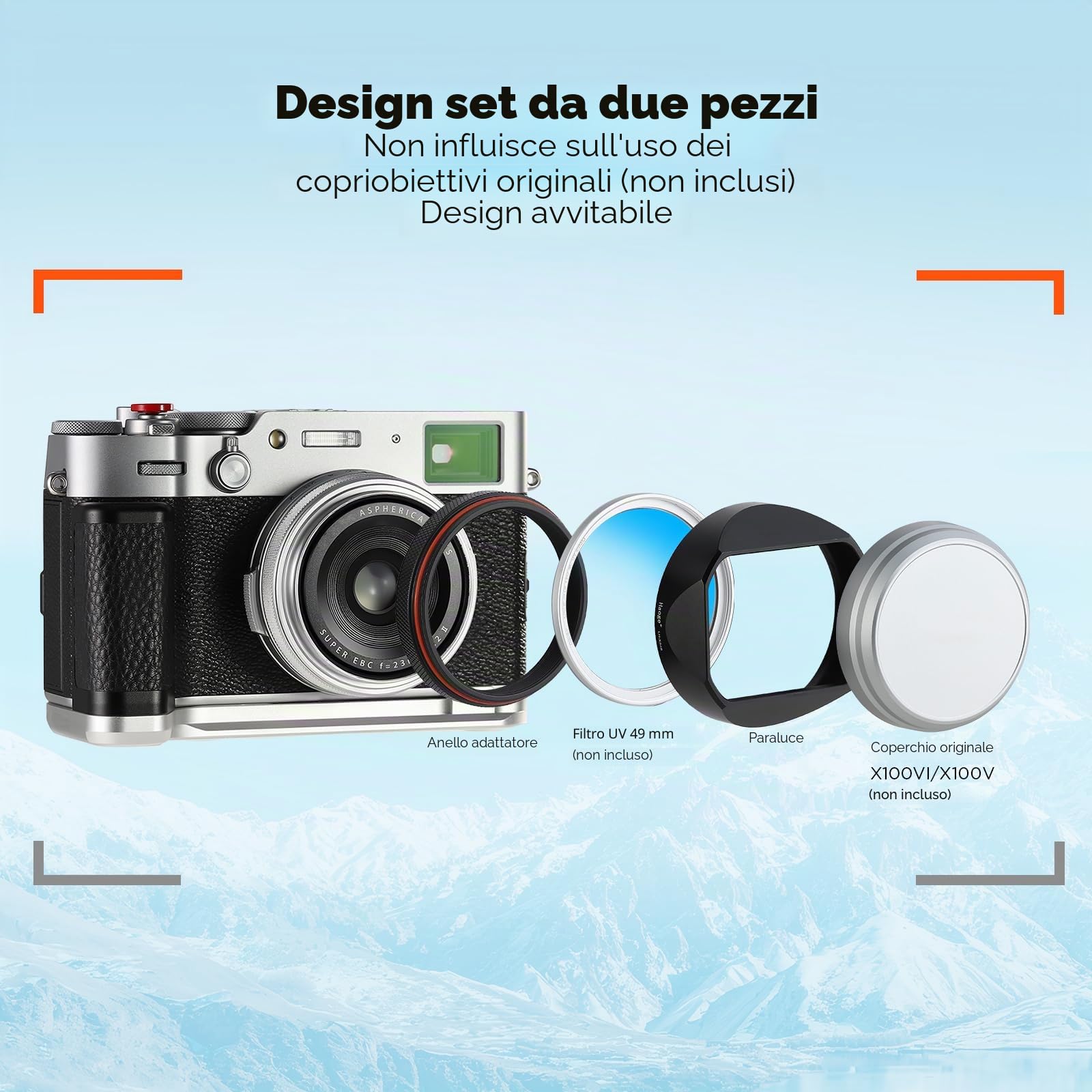 Haoge LH-X54B - Paraluce quadrato in metallo con anello adattatore da 49 mm, per fotocamera Fujifilm Fuji X100V, colore: Nero