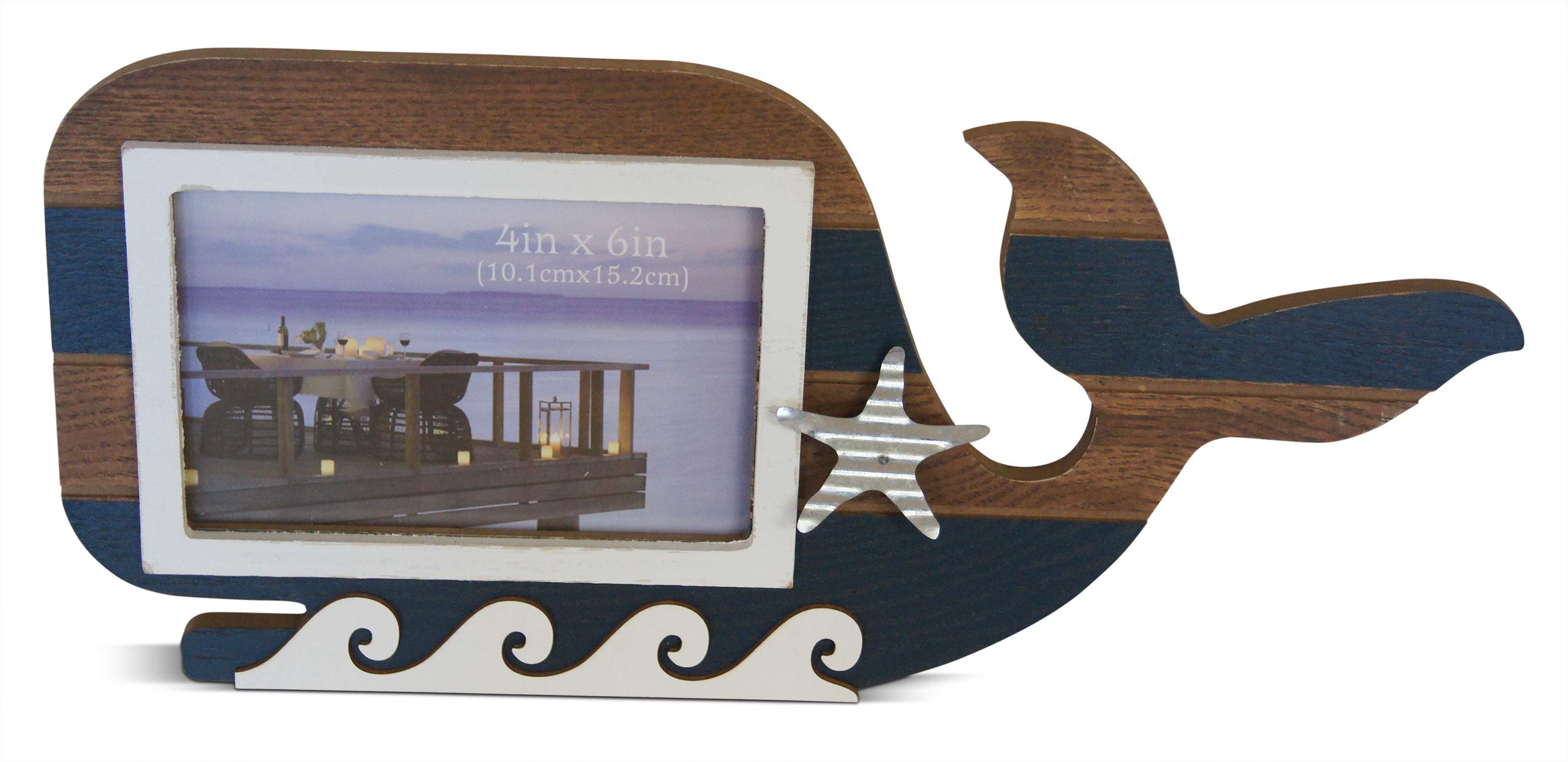 Shoreside Nautical Lake House Whale Themed Dual-Color Picture Frame Decor Distressed Rustic Design with Corrugated Tin Accent (1 Piece)