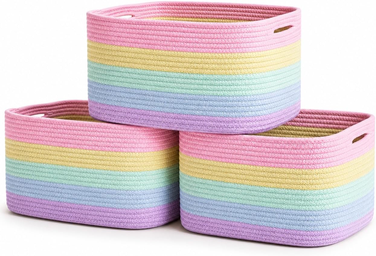 OrganiHaus Pastel Rainbow Cotton Rope Baskets for Shelves, Set of 3 - 15"×10"×9½" - Colorful Storage Baskets for Kids - Nursery, Playroom, Classroom - Toy Storage, Books, Towels