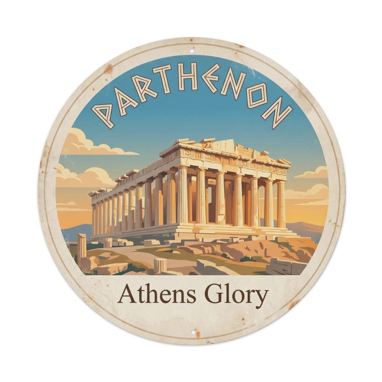 Vintage Travel Acropolis Parthenon Greece Metal Tin Sign Plaque Wall Decor for Cafe, Club, Garden Round Metal Poster 8x8Inch