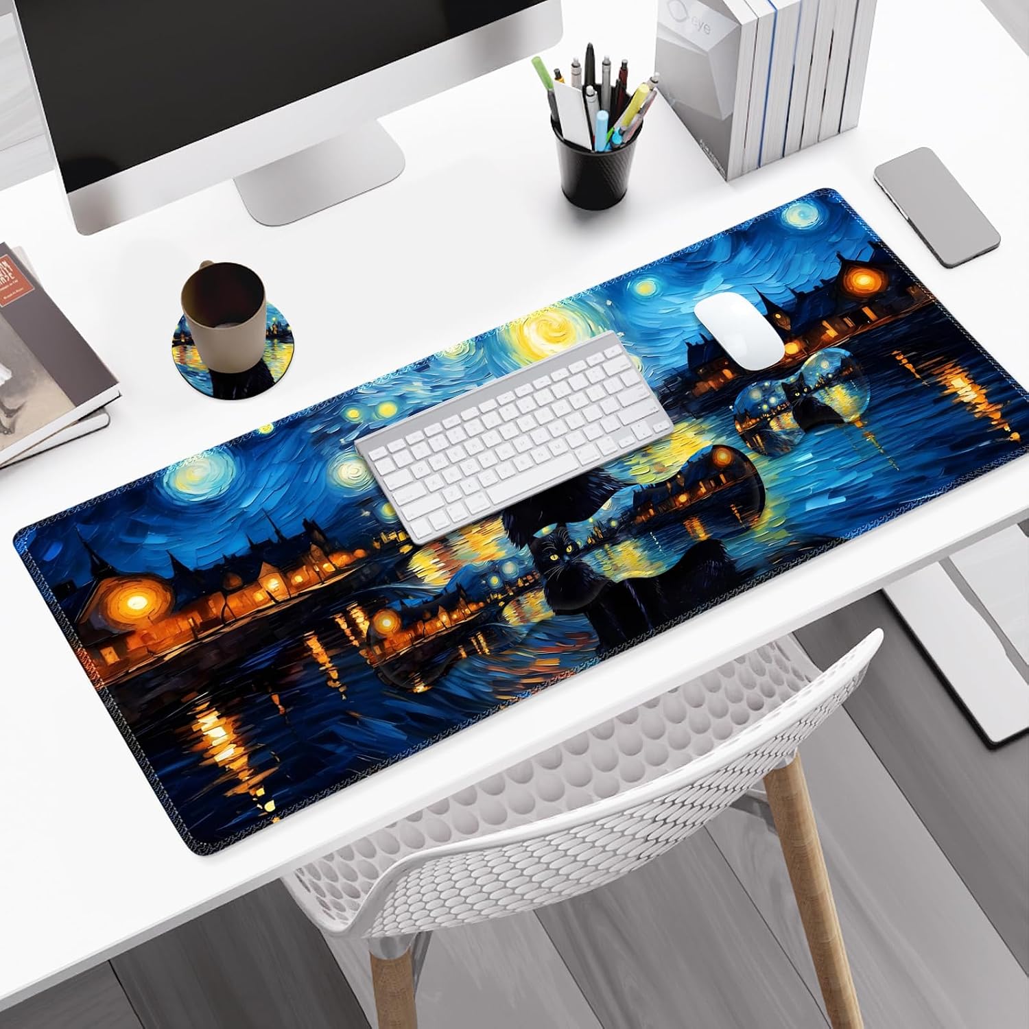 Desk Mat Gaming Mouse Pad, Cute Desk Matt Keyboard Wrist Rest for Desktop, Anti-Slip Mousepad Stitched Edges, XXL Large Mouse Pad with Wrist Support for Home Office I Van Gogh Starry Night Cat