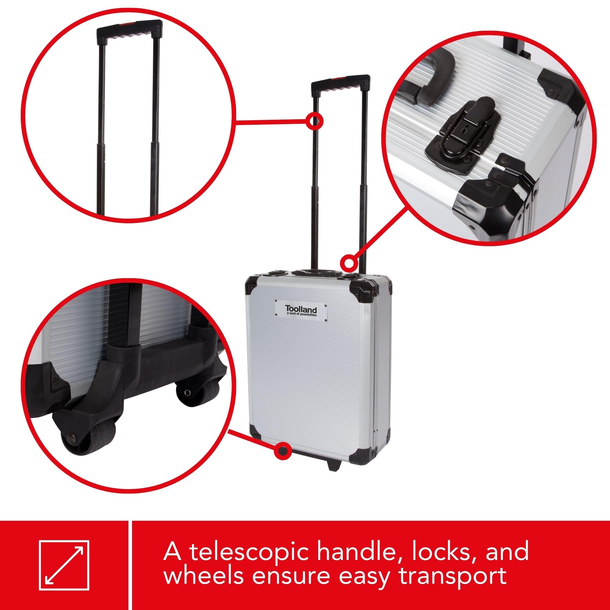 Toolland Trolley de herramientas llenas, 260 piezas, incluidos contenidos, con 4 incrustaciones extraíbles, sobre ruedas.