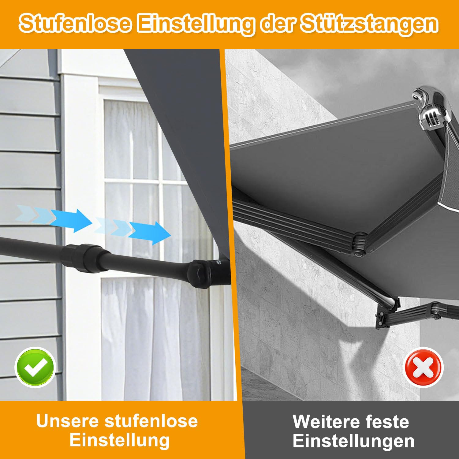 Markise Fallarmmarkise einziehbar 300x150cm, Stützarm 70-120cm verstellbar, 2m Perlenkette, Wandmontage, Sonnenschutz & Windschutz für Balkon Terrasse Garten, Dunkelgrau