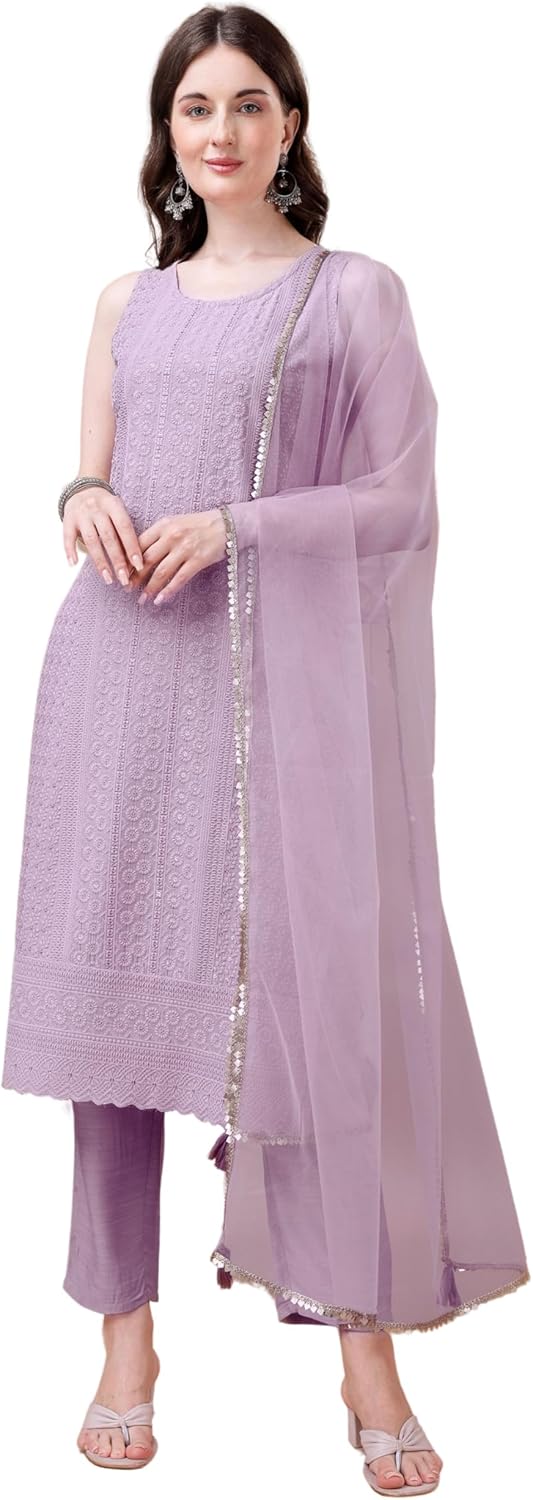 SK.Royal Women's Silk Chikankari Kurta Pant with Dupatta - Purple(S)