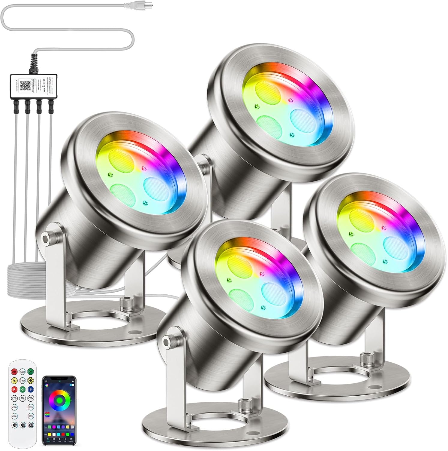 LyLmLe LED Pond Lights with APP Control, 6W SS316 Stainless Steel RGB Underwater Fountain Light with 12V Transformer, IP68 Waterproof Outdoor Underwater Lights for Pond Waterfall (4-Spots)